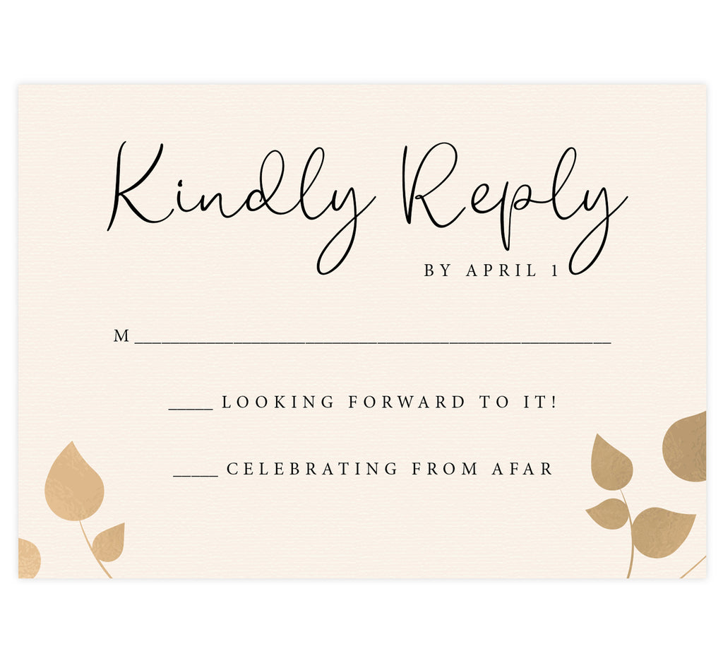 Elegant Celebration wedding response card; cream textured background with gold leaves in lower corners and black text