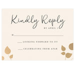 Load image into Gallery viewer, Elegant Celebration wedding response card; cream textured background with gold leaves in lower corners and black text
