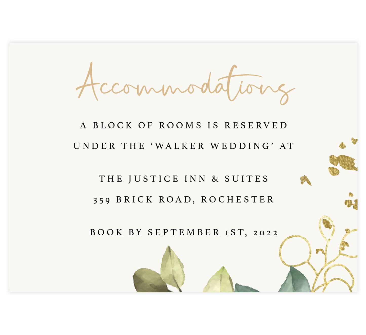 Greenery with Gold wedding accommodations/details card; cream background with greenery in the bottom right corner