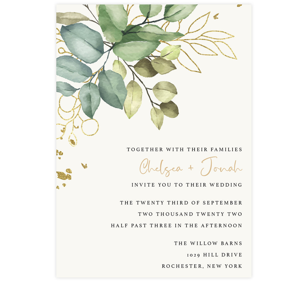 Greenery with Gold wedding invitation; cream background with large watercolor greenery and gold in the top left corner and black text with names in gold