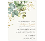 Load image into Gallery viewer, Greenery with Gold wedding invitation; cream background with large watercolor greenery and gold in the top left corner and black text with names in gold
