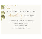 Load image into Gallery viewer, Greenery with Gold wedding reception card; cream background with greenery in top left corner
