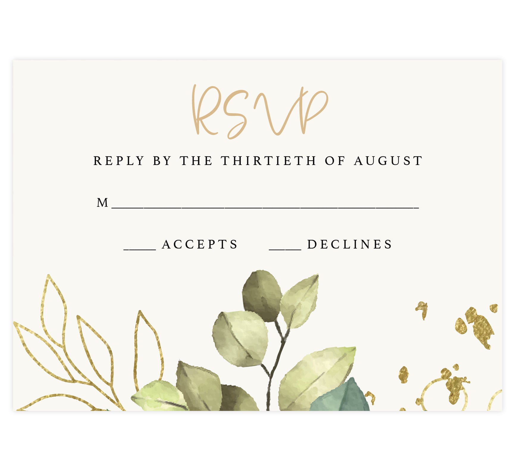 Greenery with Gold wedding response card; cream background with greenery on bottom edge