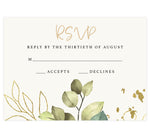 Load image into Gallery viewer, Greenery with Gold wedding response card; cream background with greenery on bottom edge
