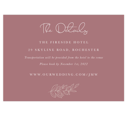 Simple Romantic wedding accommodations/details card; purple pink background with white text and outline of greenery at the bottom
