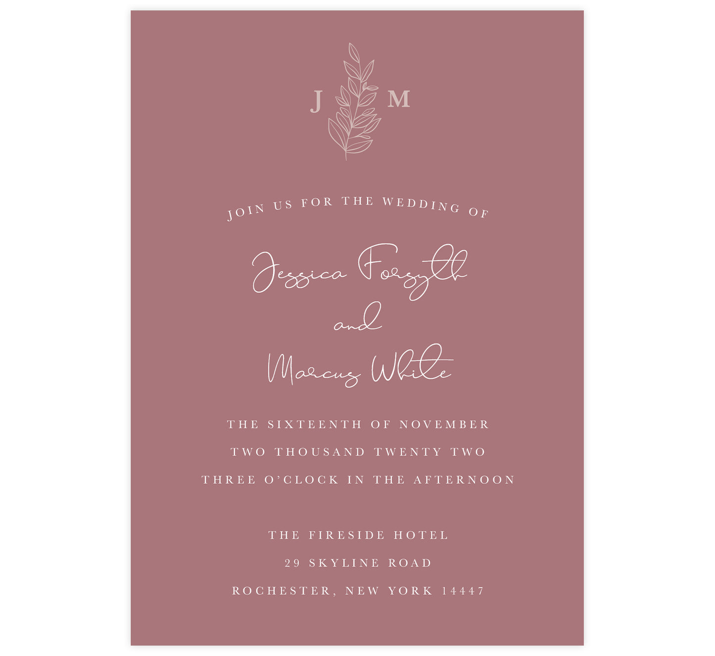 Simple Romantic wedding invitation; Pink background with white text and greenery at the top
