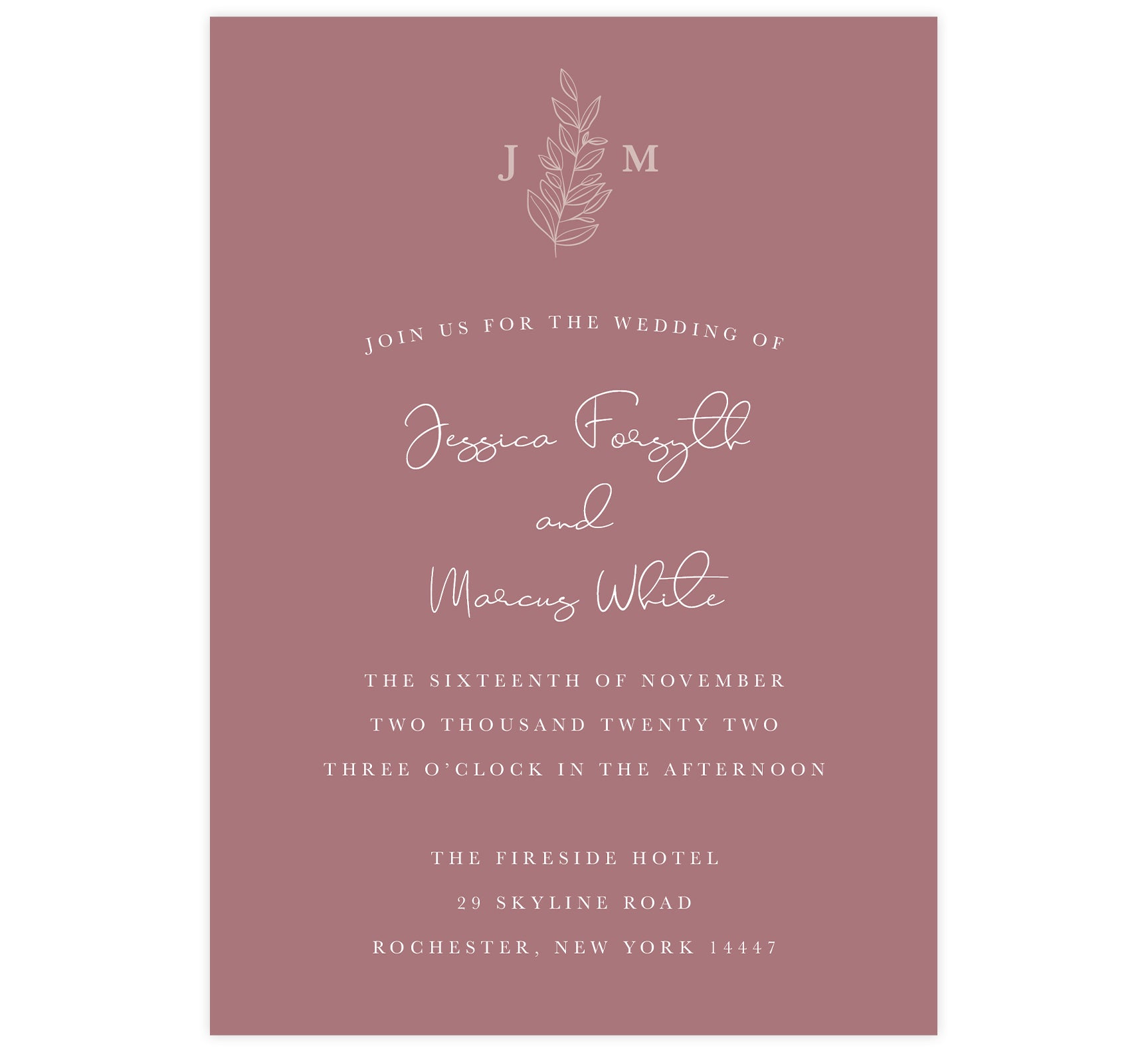 Simple Romantic wedding invitation; Pink background with white text and greenery at the top