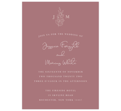 Simple Romantic wedding invitation; Pink background with white text and greenery at the top