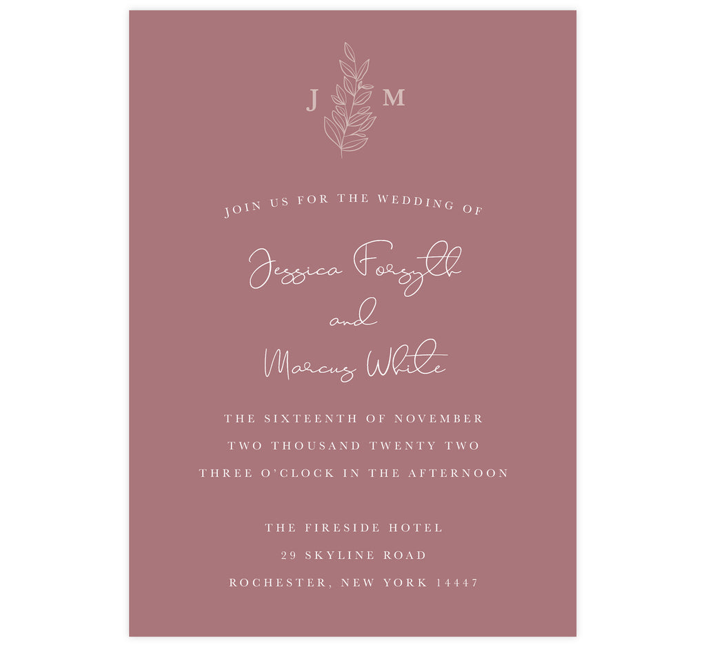 Simple Romantic wedding invitation; Pink background with white text and greenery at the top