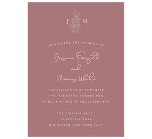 Simple Romantic wedding invitation; Pink background with white text and greenery at the top