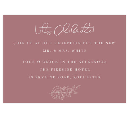 Simple Romantic wedding reception card; pink purple background with white text and greenery outline at the bottom