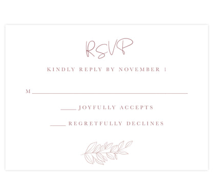 Simple romantic wedding response card; white background with purple pink text