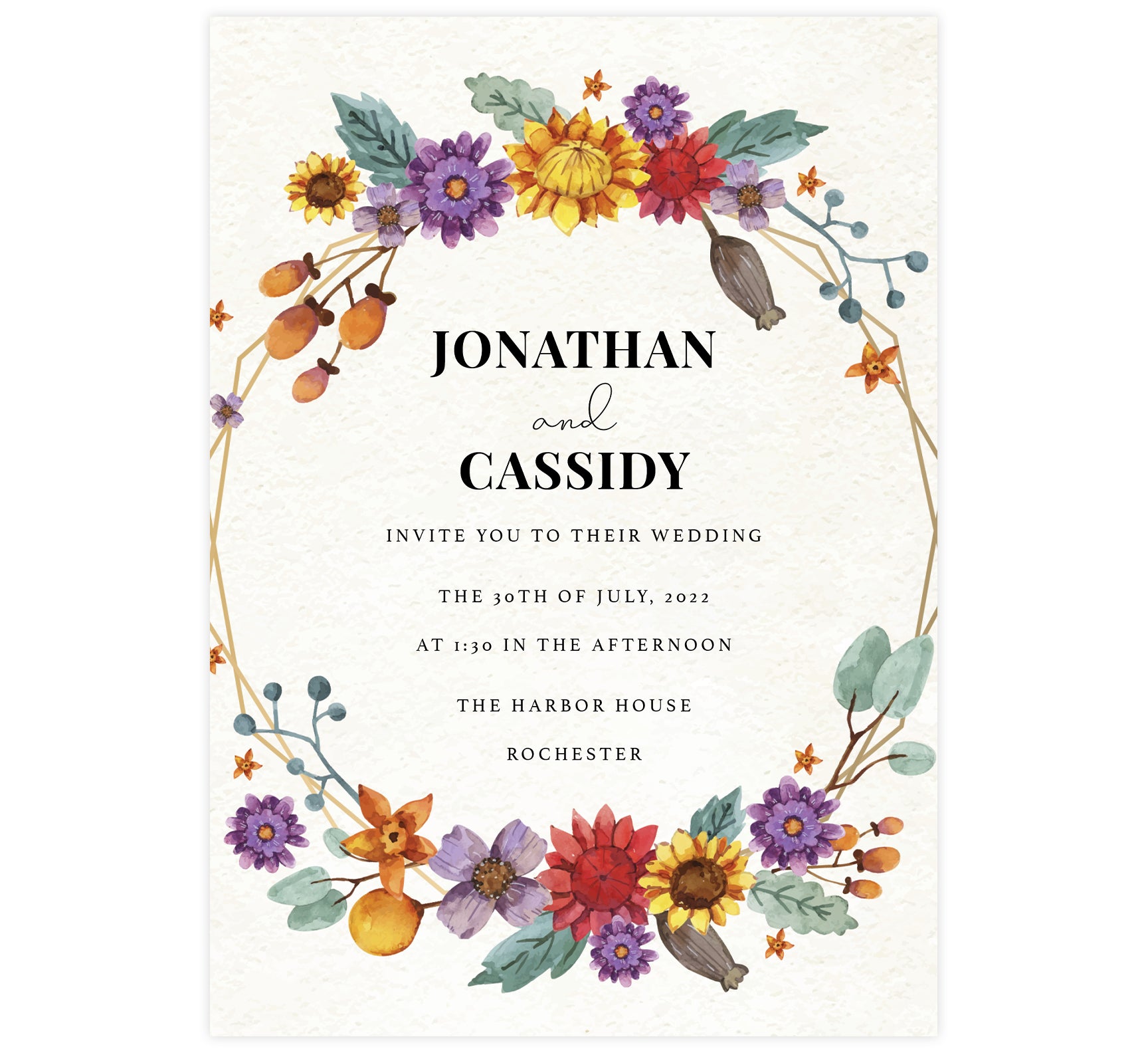 Colorful Floral Frame wedding invitation; textured background with colorful, circular floral frame and black text.
