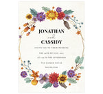Load image into Gallery viewer, Colorful Floral Frame wedding invitation; textured background with colorful, circular floral frame and black text.
