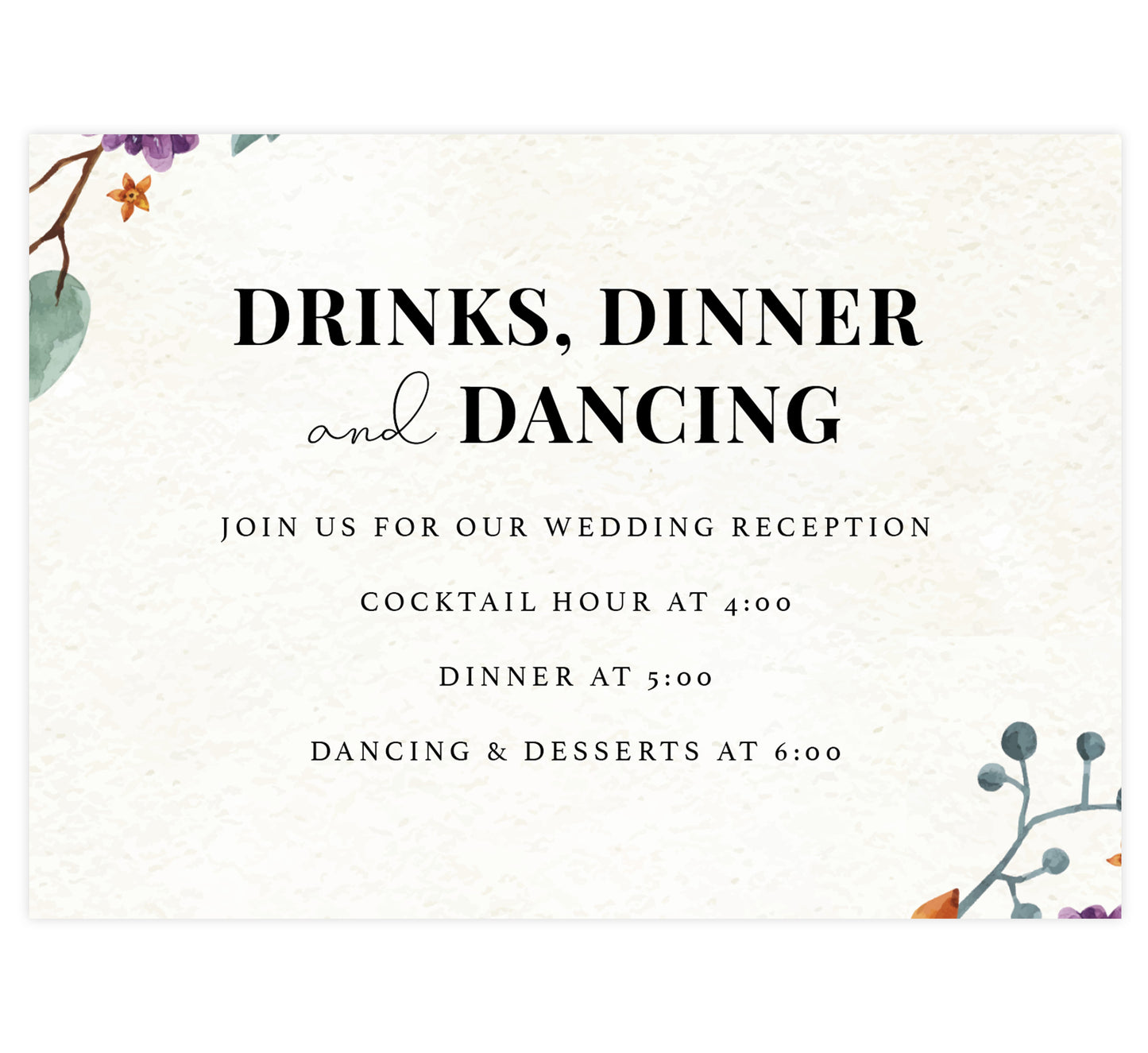Colorful Floral Frame wedding reception card; textured background with florals in the bottom right and top left corners and black text