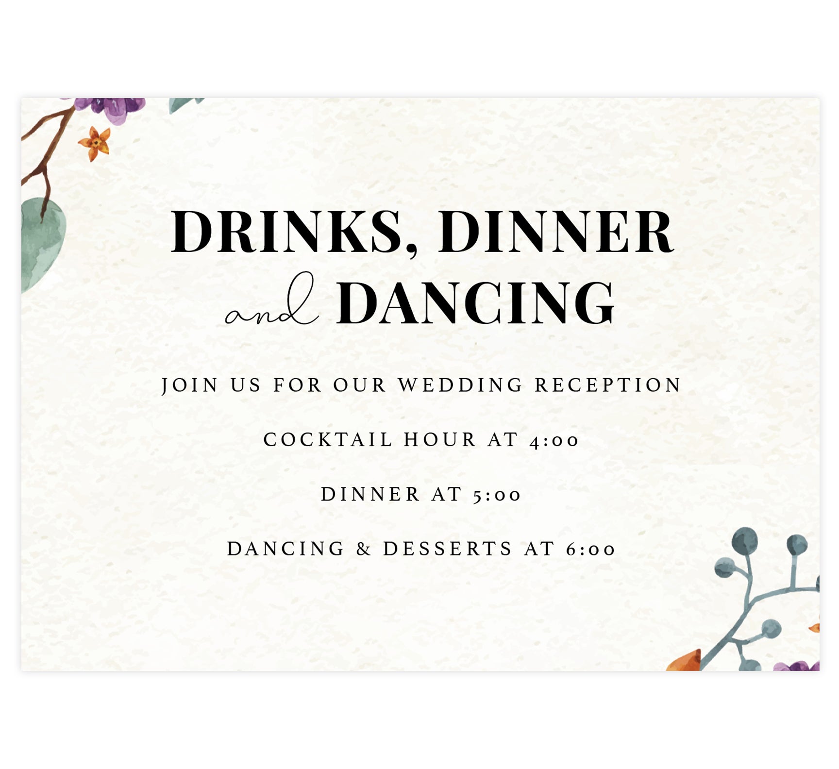 Colorful Floral Frame wedding reception card; textured background with florals in the bottom right and top left corners and black text