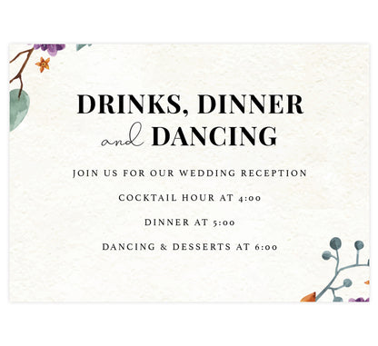 Colorful Floral Frame wedding reception card; textured background with florals in the bottom right and top left corners and black text