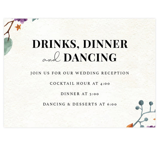 Colorful Floral Frame wedding reception card; textured background with florals in the bottom right and top left corners and black text