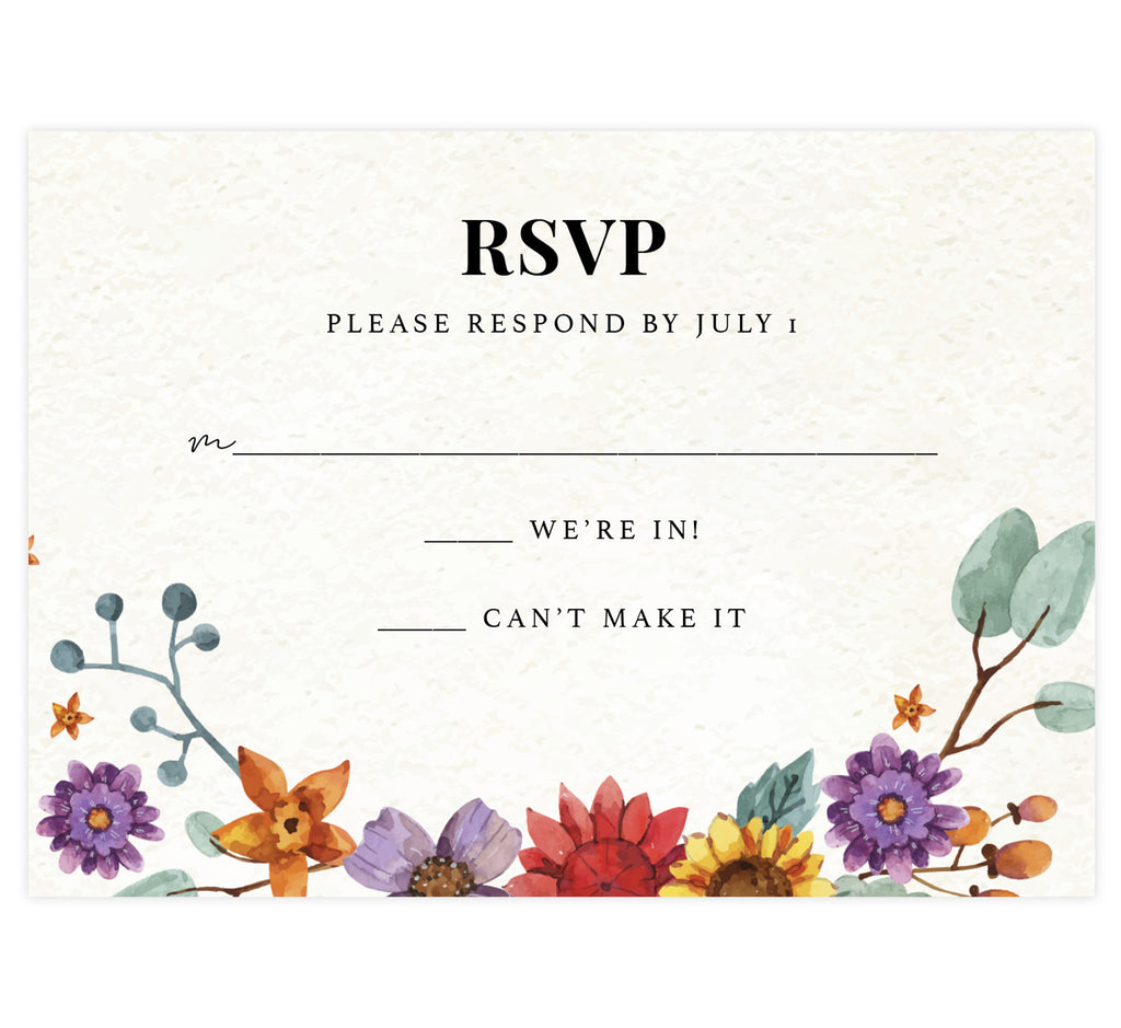 Colorful Floral Frame wedding response card; textured background with black text and colorful florals on the bottom edge