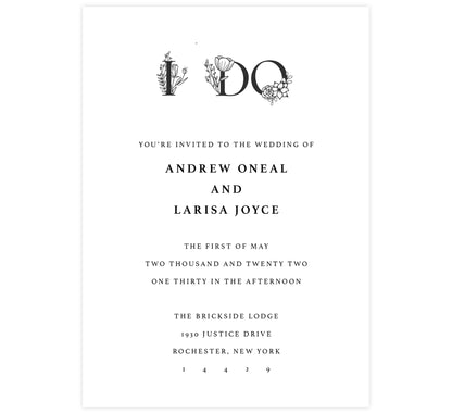 Floral Vows wedding invitation; white background with a floral "I Do" at the top and black text