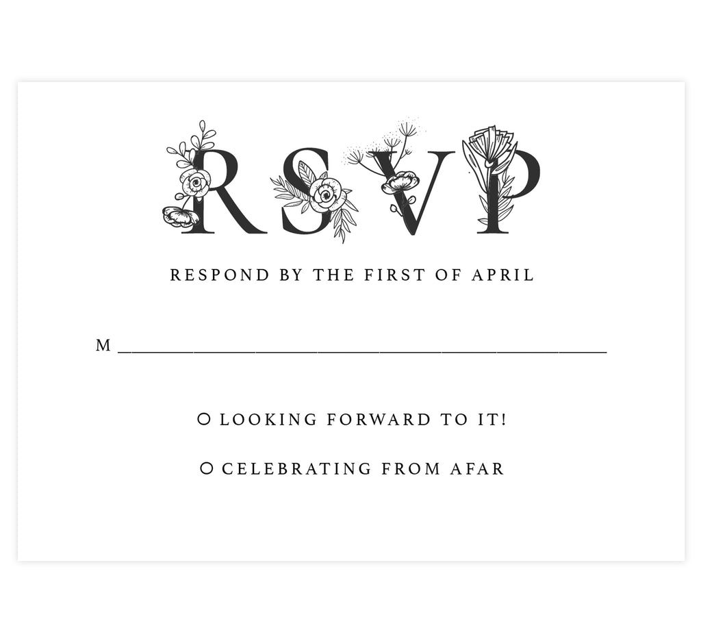 Floral Vows wedding response card; white background with black text