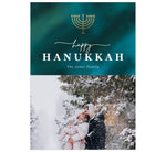 Load image into Gallery viewer, Watercolor Blues Holiday Card; Dark teal watercolor background with gold menorah at the top, white text and spot for one image.
