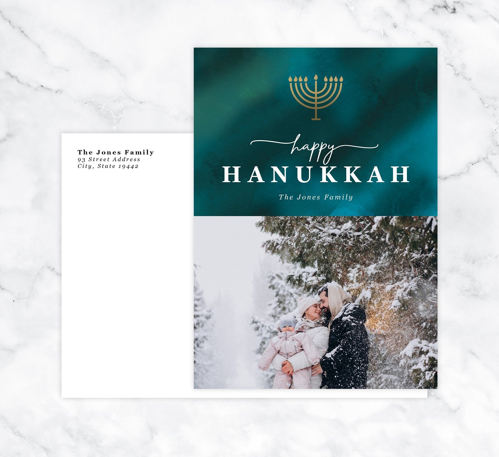 Watercolor Blues Holiday Card Mockup; Holiday card with envelope and return address printed on it. 