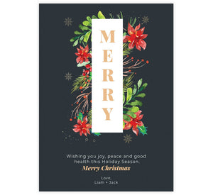 Watercolor Christmas Holiday Card; Dark background with watercolor greenery around the word Merry.