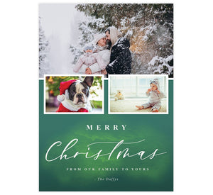 Green Watercolor Holiday Card; 3 image spots with watercolor green background and white typography