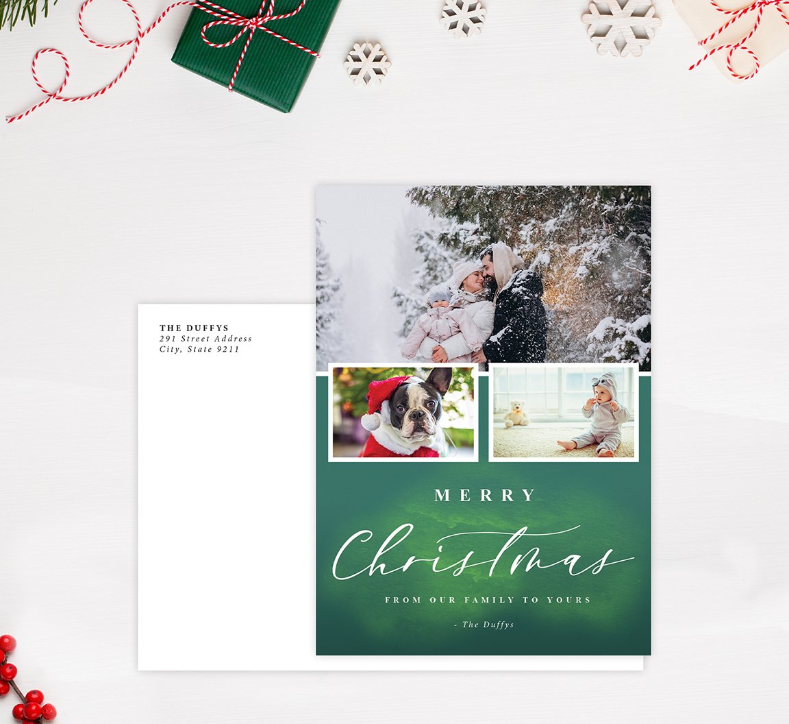 Green Watercolor Holiday Card Mockup; Holiday card with envelope and return address printed on it. 
