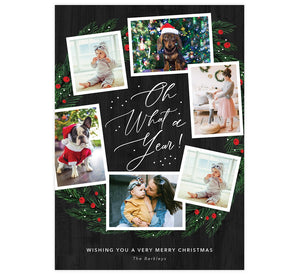 What a Year Holiday Card; 6 image spots with dark green background and watercolor wreath design