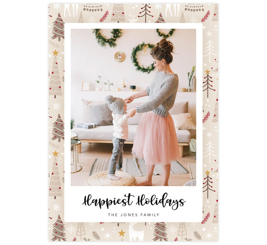 Woodland Holiday Card; Beige, tan and red pattern background with one large image spot and "happiest holidays" below the image.