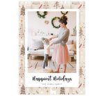 Load image into Gallery viewer, Woodland Holiday Card; Beige, tan and red pattern background with one large image spot and &quot;happiest holidays&quot; below the image.
