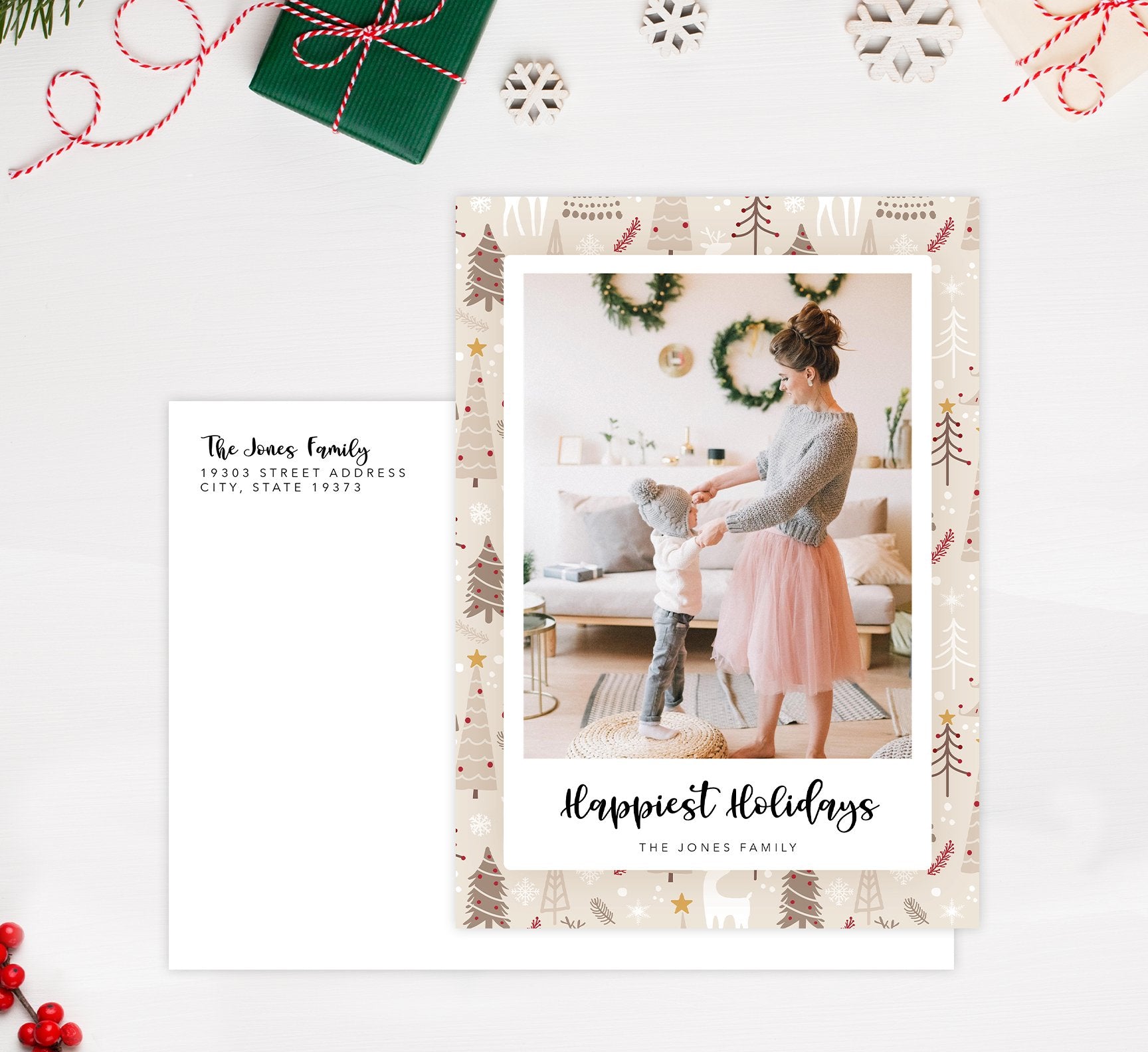 Woodland Holiday Card Mockup; Holiday card with envelope and return address printed on it. 